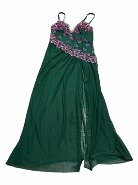 90s/Y2K European Vintage Mesh Heart Embroidery Maxi Slip Dress Green/Pink M-XL